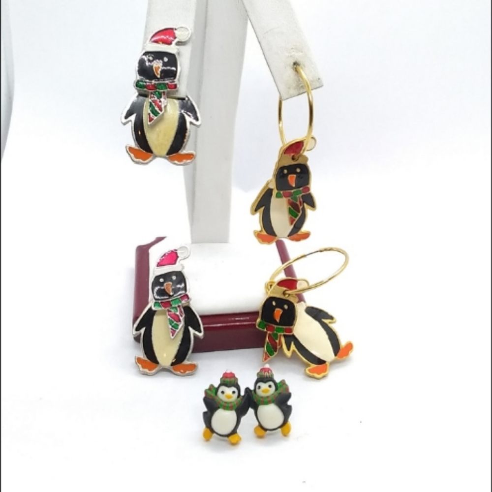 Lot of 3 Pr Penguin Earrings Stud Hoop 3D Kinetic